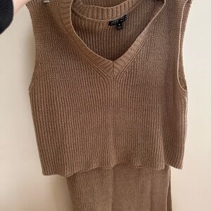 Tan Knit Sleeveless Top and Skirt Matching Set